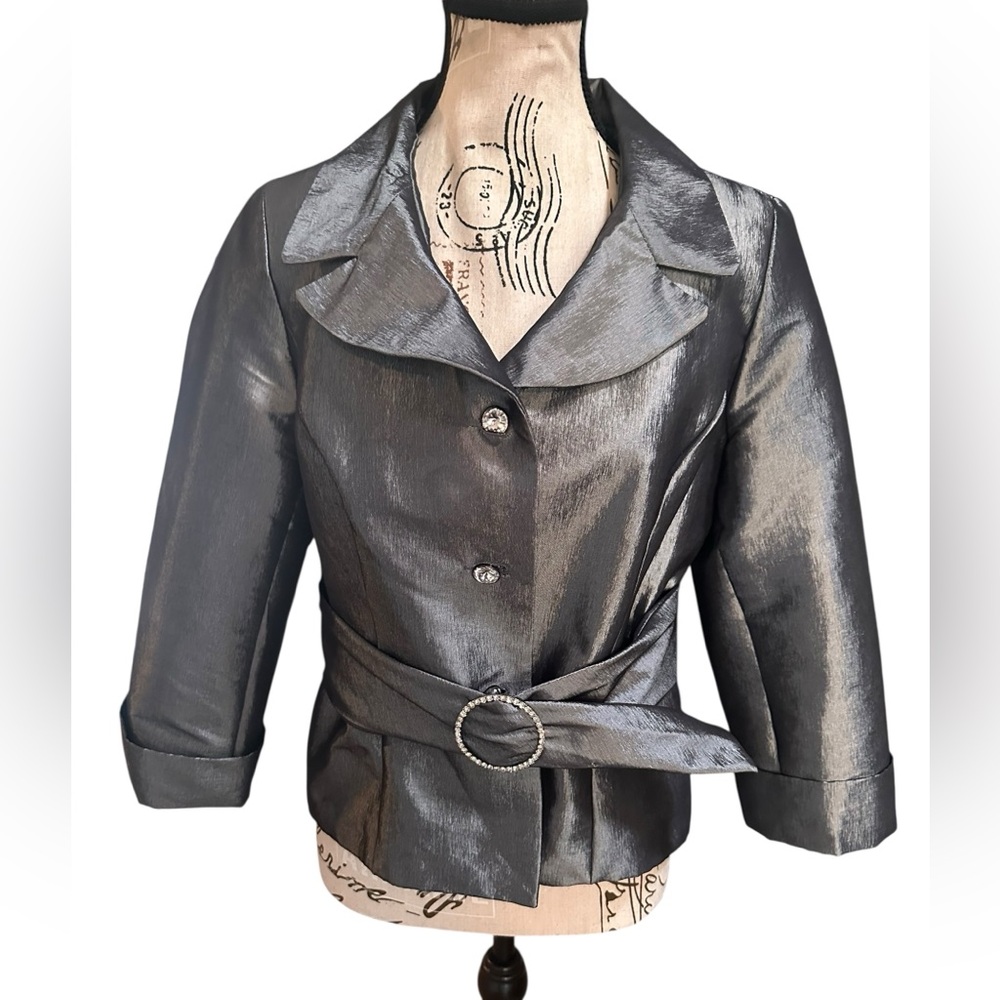 Nicolette Metallic Silver Evening Jacket Rhinestone Belt Formal Blazer 10 Medium